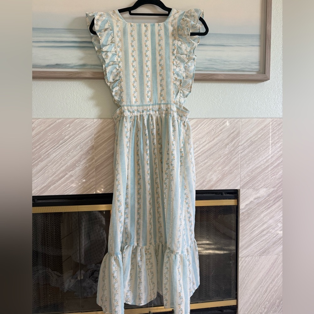Handmade vintage floral apron, dress Light Blue and Cream Striped